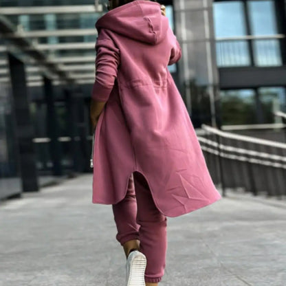 Breathable Women Suit Women's Hooded Coat Pants Set with Irregular Split Hem Long Sleeve Fleece Tracksuit Elastic Waist