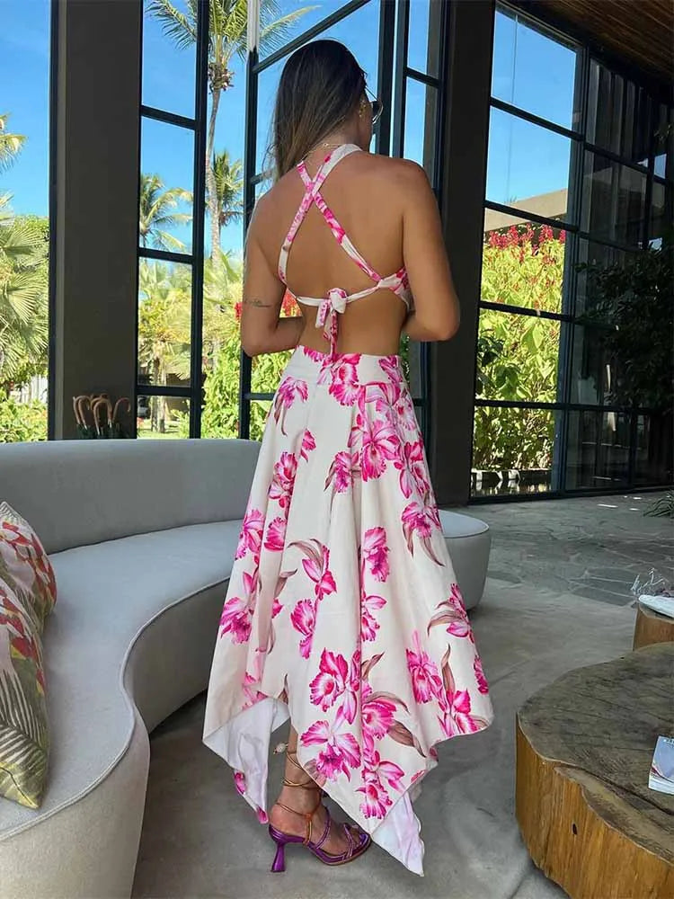 Summer Lace Up Maxi Dress Women 2023 Boho Printed Beach Dresses Ladies Halter Backless Sundress Hollow Out Slim Party Vestidos LUXLIFE BRANDS