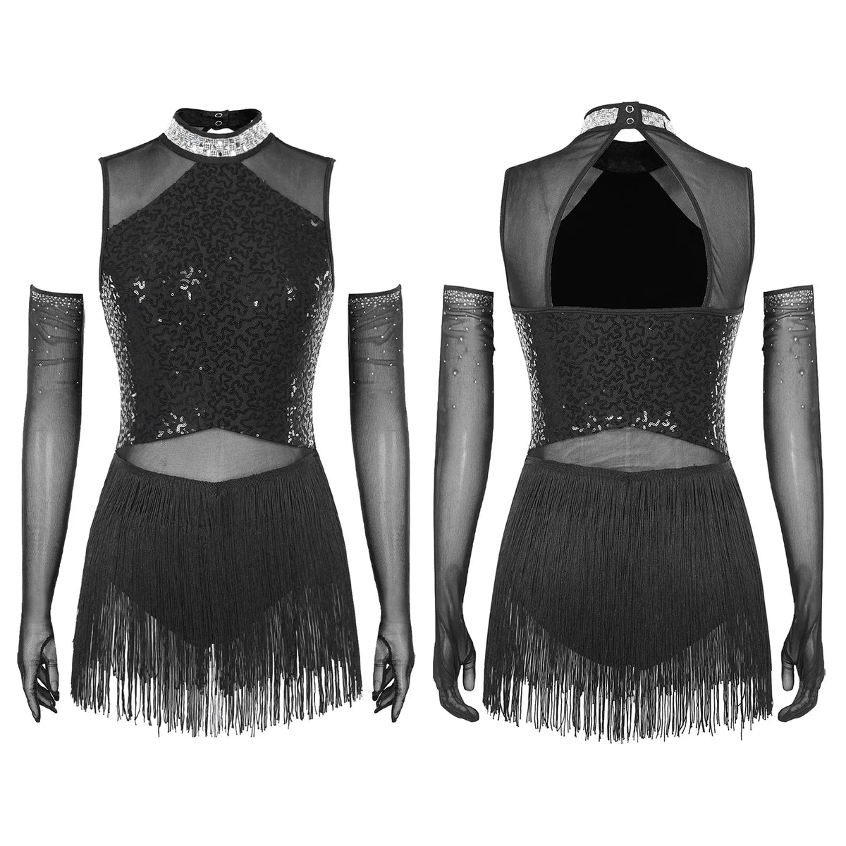 Sparkly Sequin & Fringe Dance Dress with Gloves Latin Stage Performance Costume