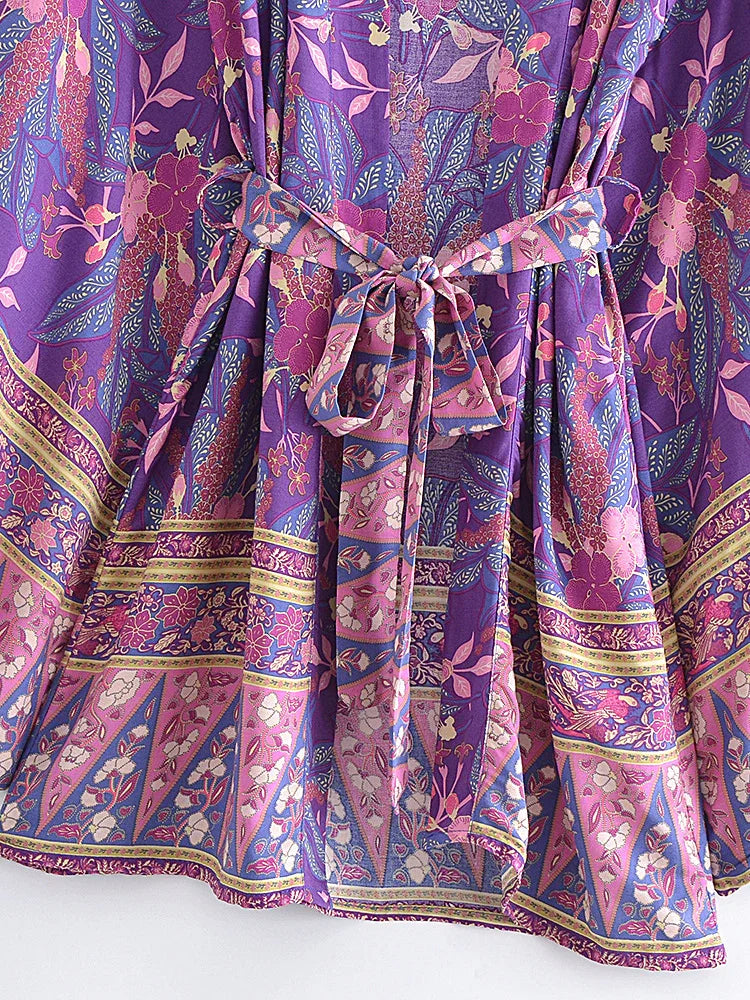 Purple Passion Floral Boho Short Kimono Dress