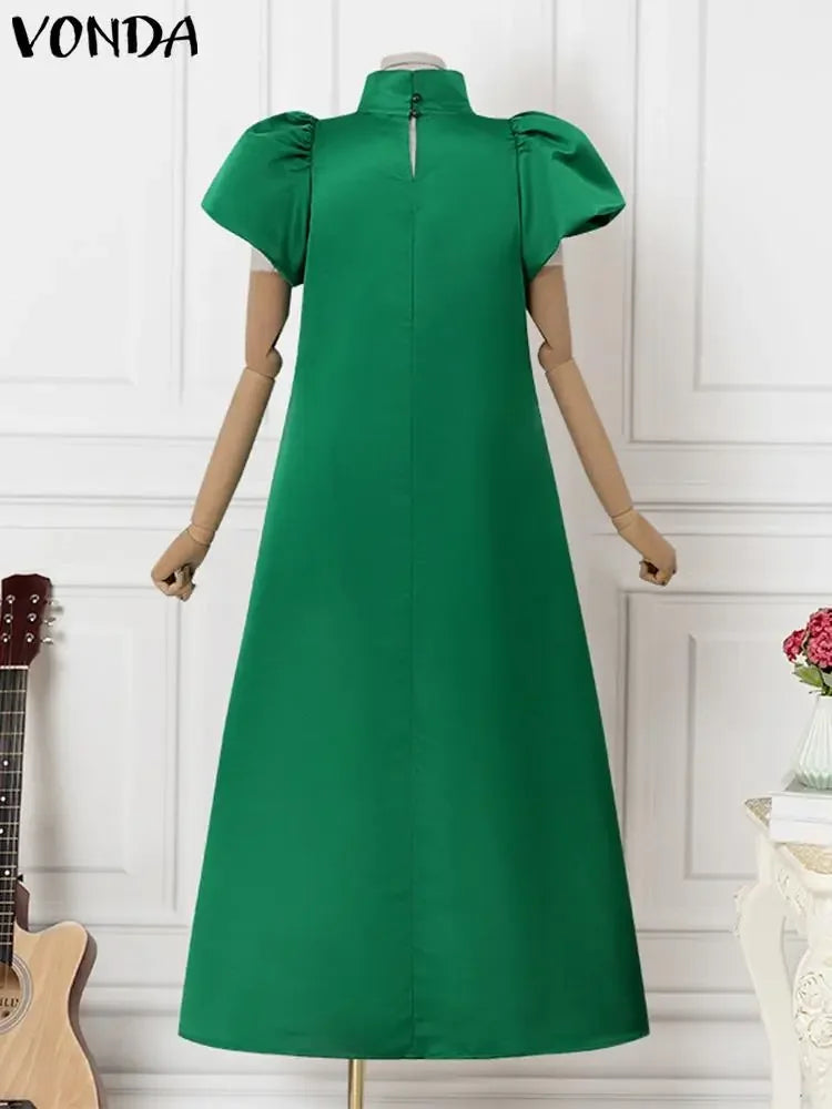 Women Floor-Length Dress 2023 VONDA Bohemian Turtleneck Puff Sleeve Fashion Party Vestidos Elegant Office Sundress Oversized