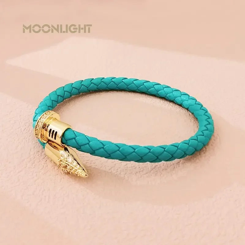 MOONLIGHT Genuine Braided Leather Bracelet for Woman High Quality Classic Cubic Zirconia Nail Bracelet Female Jewelry Gifts