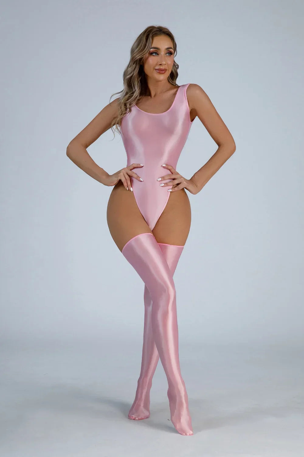 Sleeveless High Cut Thong Bodysuit Glossy Shiny Swimsuit Tights Hot Sexy Bikini Sukumizu Swimwear Body Tops Athletic Gym Leotard