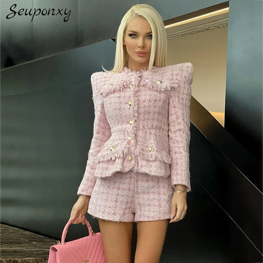 High Quality 2022 Autumn New Tweed 2 Two-Piece Set Sexy O-Neck Long Sleeve Single Breasted Jacket And Pants Club Party Set