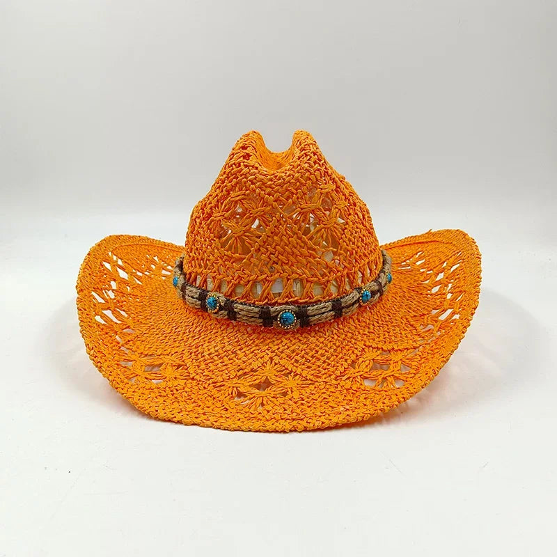 Hand-woven hollow denim straw hat men's and women's summer sunscreen hat western cowboy straw hat sombrero mujer sombrero hombre