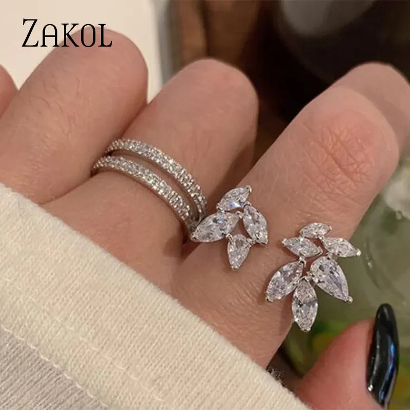 ZAKOL Korea Shiny Cubic Zircon Leaf Shape Open Rings for Women Fashion Geometry Crystal Finger Ring Anillos for Party Jewelry LUXLIFE BRANDS