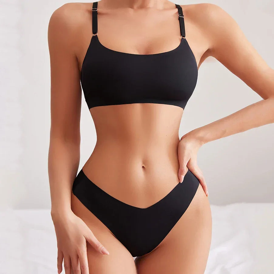 Hot Sale High Quality Latest Design Us Size Stylish Solid Ice Silk Seamless Wireless Bras And Women Underwear Set Luxlife Brands