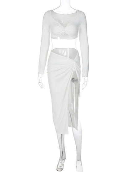 Capri White Long Sleeve Crop Top & Skirt Set