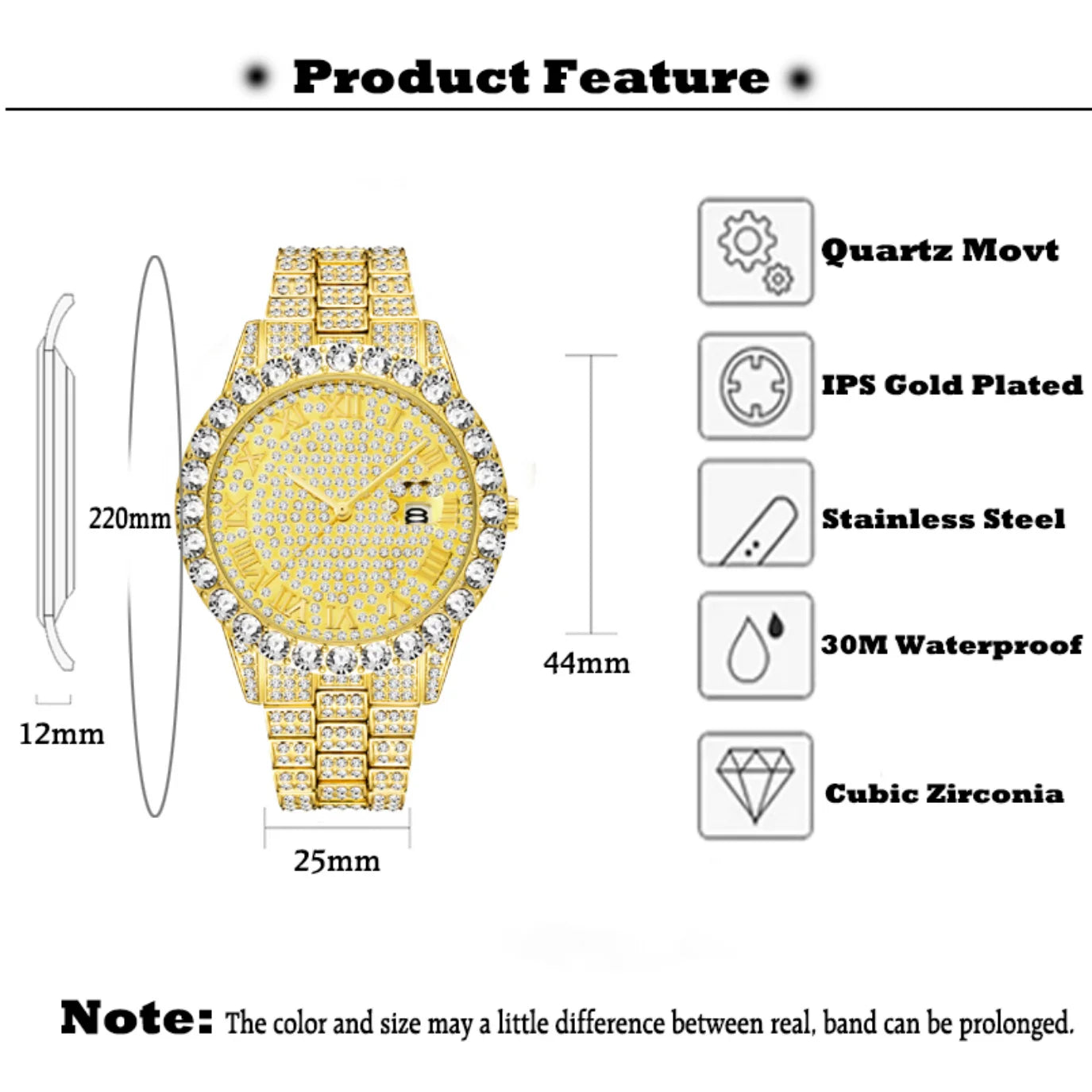 Moissanite Watch Bezel PVD Luxury Brand Golden Watch For Men Full Diamond Stylish Master Watch Gift Wholesale Jewelry AAA Clock LUXLIFE BRANDS
