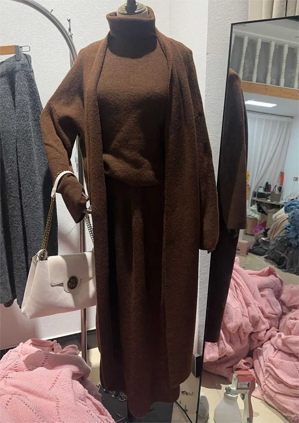 Women’s Long Sweater Vest & Top & High Waist Skirt Set