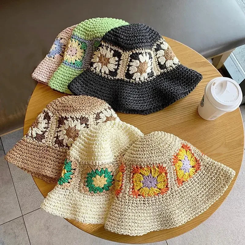 Women Sun Beach Crochet Flowers Hat Fisherman Hat Tourism Female Vacation Paper Straw Bucket Hat