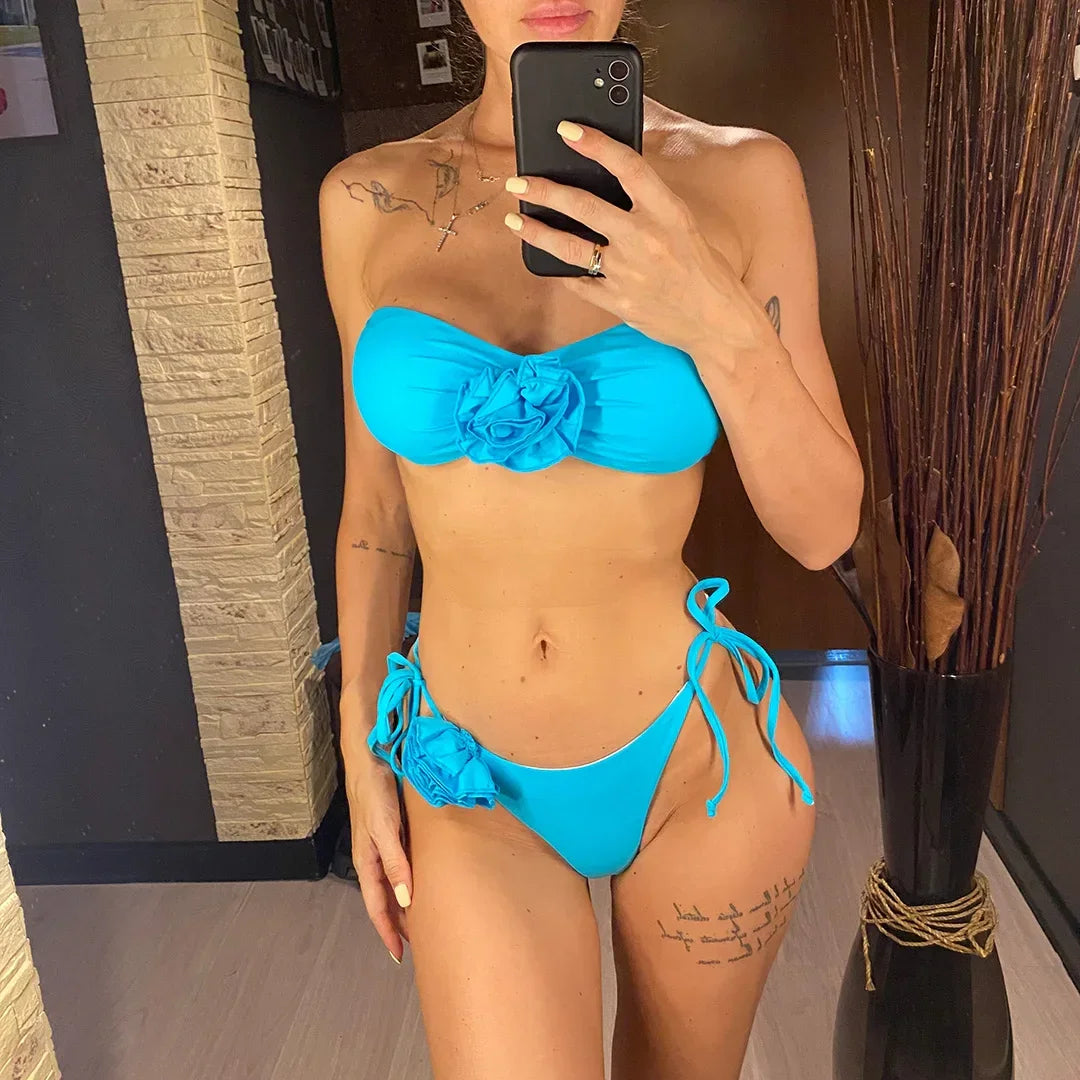 New 3D Flowers With Sarong Bandeau Bikini Female Swimsuit Women Swimwear Three-pieces Bikini set Bather Bathing Suit Swim V5526
