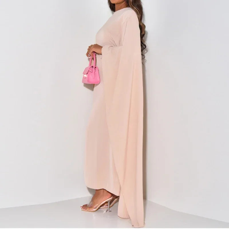 Chic Simple Basic Color Solid Long Robe Elegant O Neck Batwing Sleeve Commute Dress Casual Women Fashion Loose Swing Party Dress LUXLIFE BRANDS
