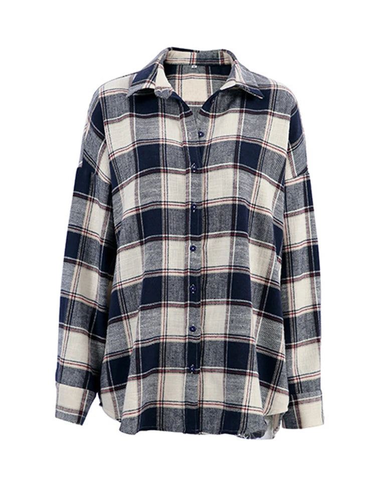 Aynaray 2024 Women Spring Winter Oversized Plaid Shirt Thick Vintage Long Sleeve Loose Fit Blouse For Woman