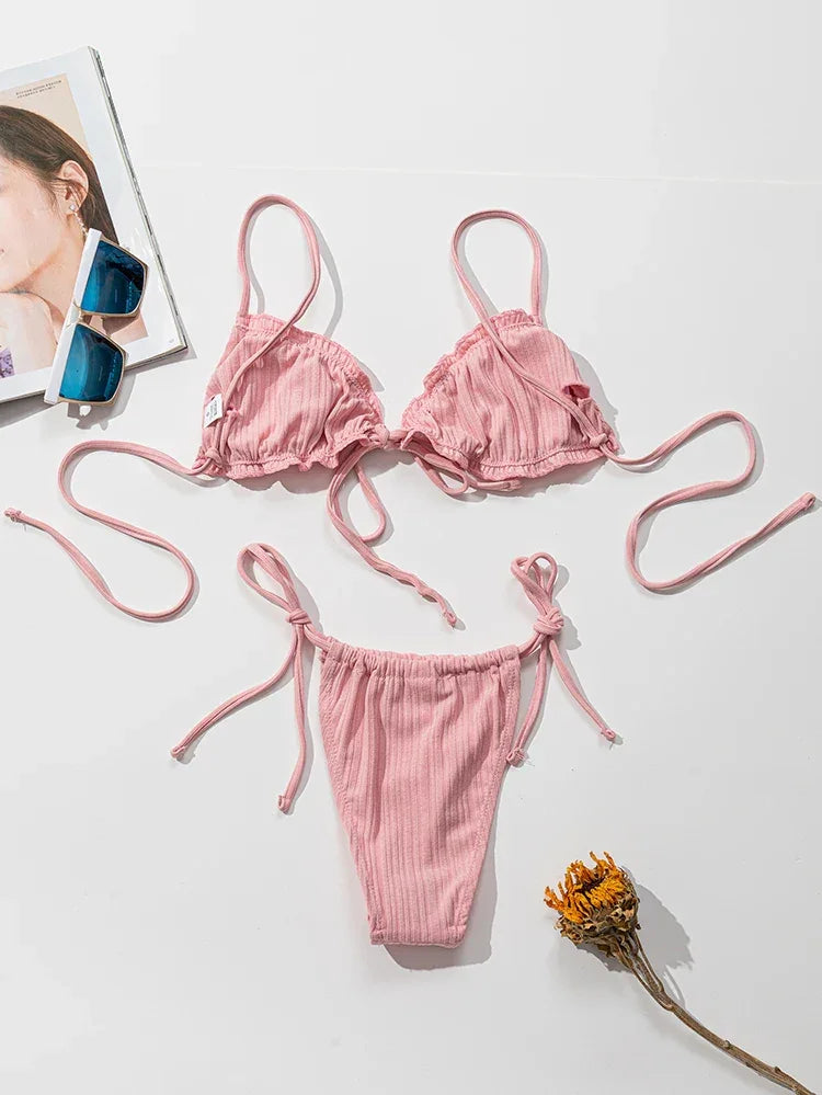 New 2024 Sexy Swimsuit Pit stripe Bikini Women Swimwear  Bathing Suits Push Up Biquinis Bandage Beachwear Solid Bikini Sets