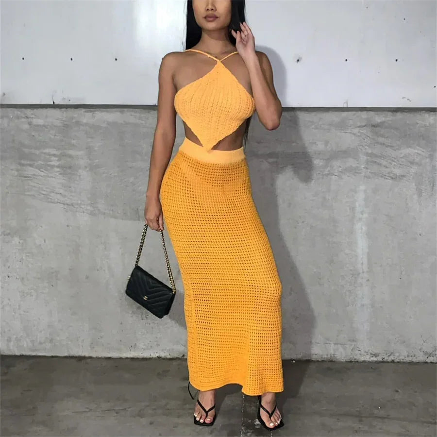 Women Beach Knitting Long Skirt 2022 Summer High Waist Hollow Out Wrapped Pencil Skirts Party Vacation Club Wrap Skirts