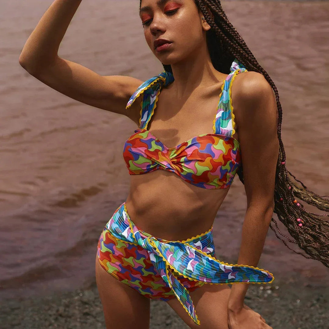 2024 Sexy Bikini Set Women High Waist Classic Off Solid Ruffle Sleeves Swimwear Red Separate Deep V Swimsuit Vintage Beach Set