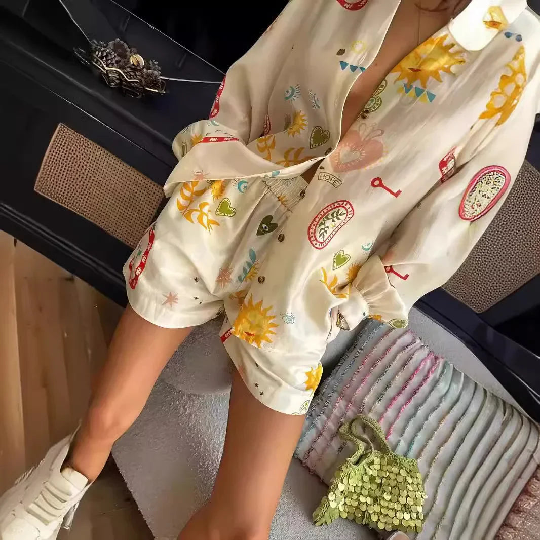 Women Fashion Elastic Waist Two Piece Sets Elegant Floral Print Lapel Long Sleeve Top Short Pants Suit Casual Holiday Outfits Luxlife Brands