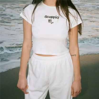 Y2K Baby T-shirt Slim Zodiac Sign Fitted Cropped Ribbed T-shirt crop top Cute Kawaii Tee Sexy Cap Sleeve Summer fairy grunge LUXLIFE BRANDS