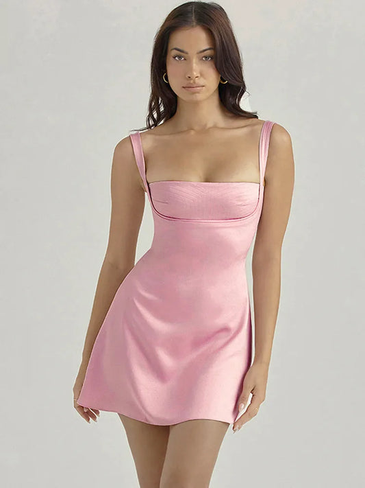 Birthday Dress For Women A-Line Pink Dress Sexy Satin Holiday Party Dresses Mini Casual Spaghetti Strap Graduation Dress Stretch LUXLIFE BRANDS