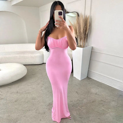 Backless Pink Pleat Dress Sexy Club Party Bodycon Fashion Evening Dresses Women 2023 Summer Clothing Elegant Luxury Maxi Dresses