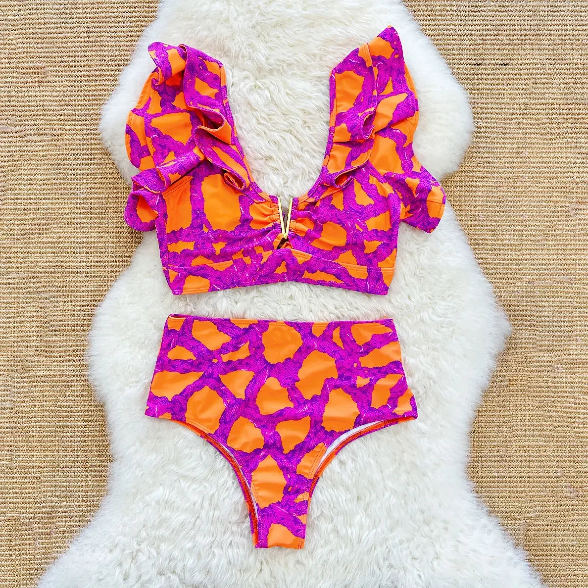 2024 Sexy Bikini Set Women High Waist Classic Off Solid Ruffle Sleeves Swimwear Red Separate Deep V Swimsuit Vintage Beach Set