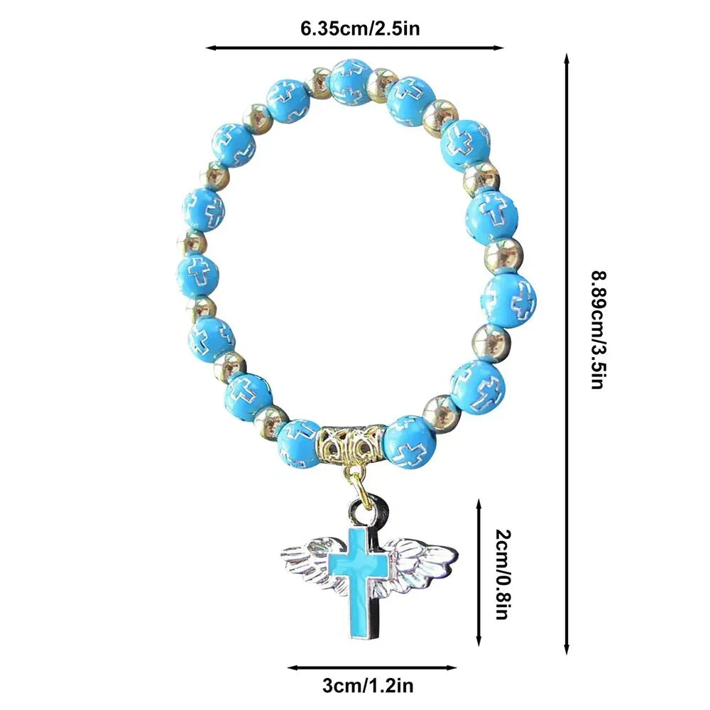 Exquisite Angel Wing Cross Rosary Bracelets Bronzing Acrylic Baptism Stretch Beaded Bracelets for Women Girls Religious Gift LUXLIFE BRANDS