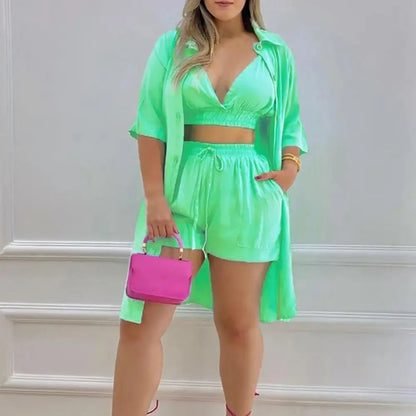 3pcs Summer Shorts Set Women Outfits Pure Color Camisole Crop Top Shirts Coat Shorts 3 Piece Set Women Tracksuits шорты женский