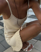 2025 Women Comfy Swimsuit Cover Up Seaside Holiday Club Dresses Sexy Crochet Halter V Neck Chic Ruffle Knit Beach Mini Dress K58 Luxlife Brands