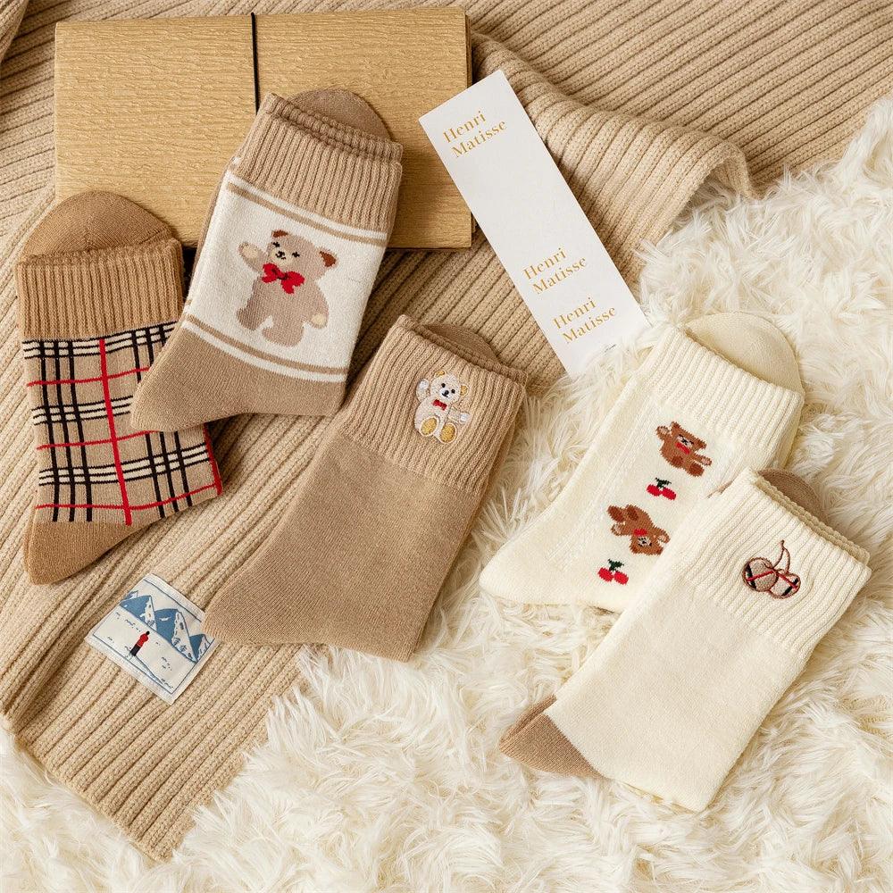 Geometric Lattice Fun Socks Japanese Style Embroidered Happy Fashion Spring Kawaii Harajuku Cotton Long Funny Autumn Female Cute LUXLIFE BRANDS