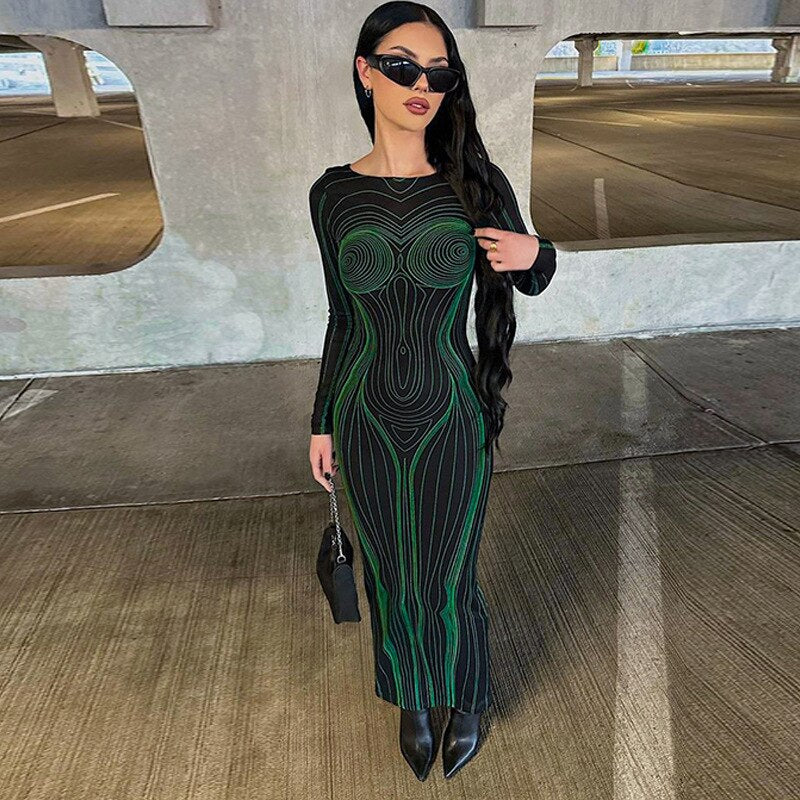 Women Fashion Long Sleeve Bodycon Streetwear Party Club Green Long Dress 2023 Spring 3D Body Science Fiction Line Print Dresses