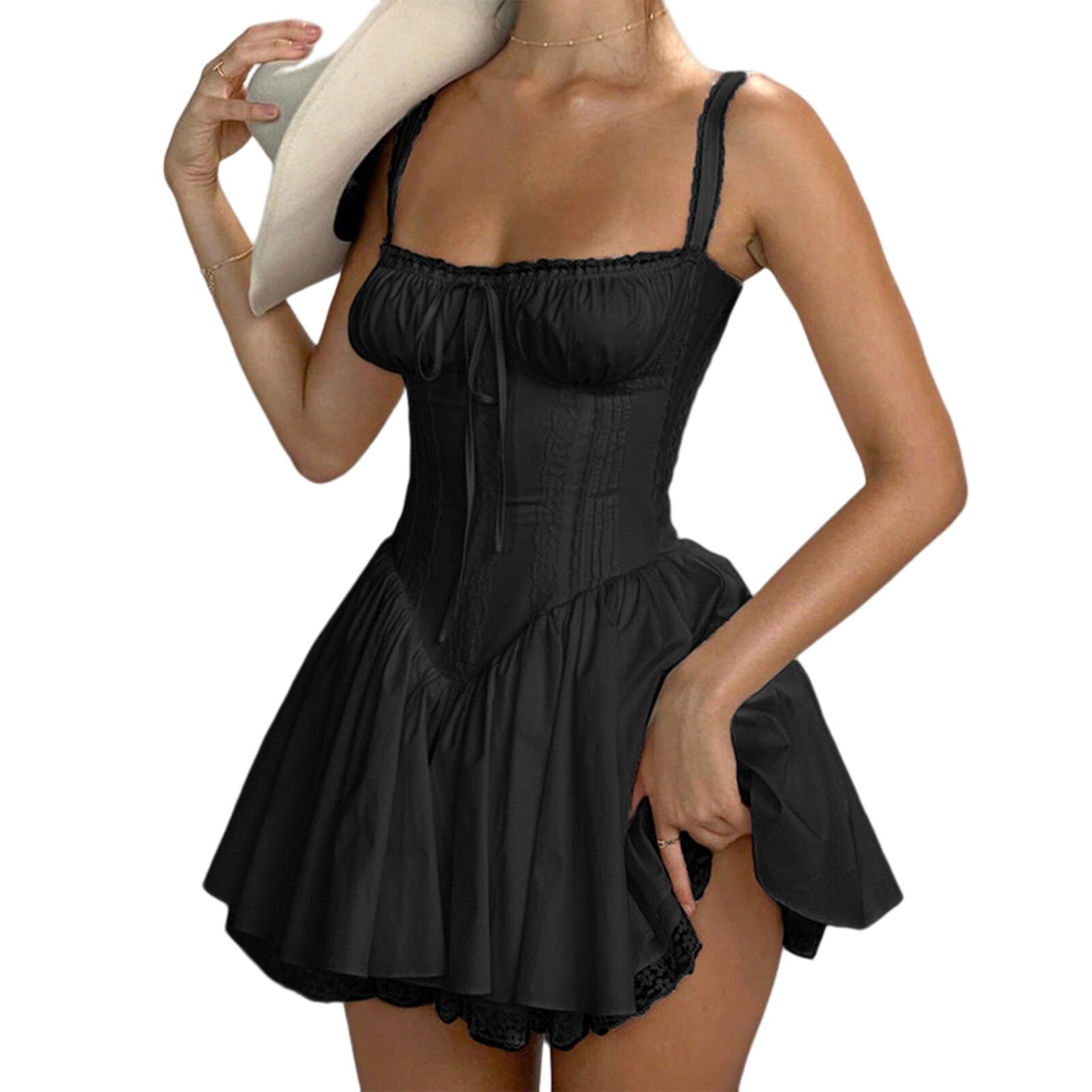 2023 Sexy Solid White Stitching Lace Bra Corset style Spaghetti Strap Mini Dress Women Backless Party Skater Short Sling Robe