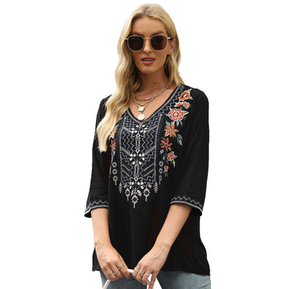 TEELYNN Vintage Deep V Loose Blouses for Women Casual Floral Embroidery Cotton Summer Shirts Long Sleeve oversize Blouse Blusas