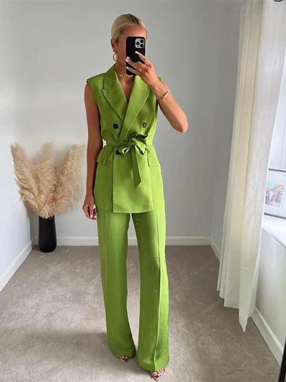 Women Fashion Trousers Two Piece Sets Casual Loose Sleeveless Vest Coat Wide Leg Pants Suits 2023 Spring Commuter Office Set