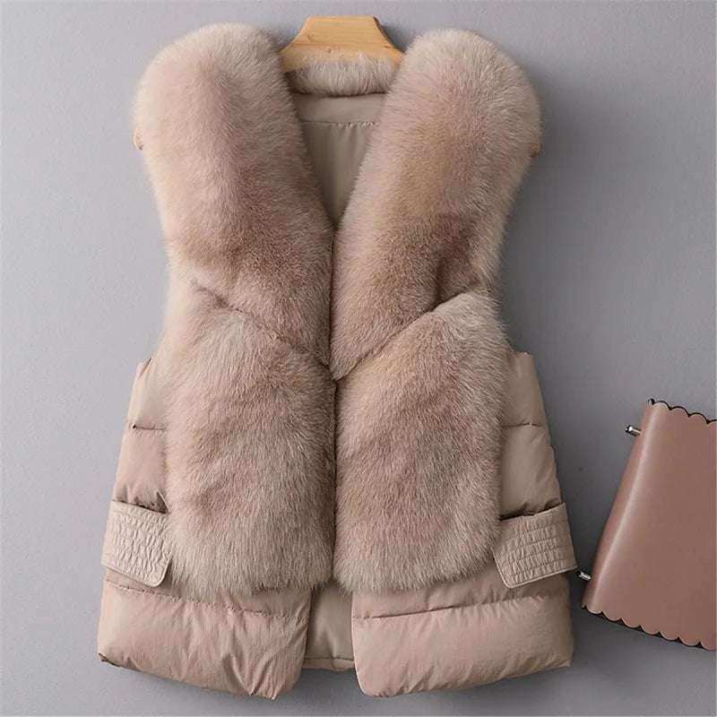Leather and Fur Vest Women's Short Down Feather Imitation Fox Slim Temperament Jacket 23 New Autumn and Winter Fashion All-match LUXLIFE BRANDS