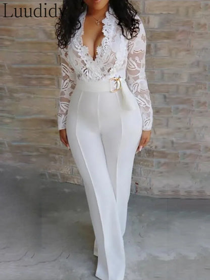 Women Sexy Elegant Overalls Rompers Patchwork Jumpsuit Female Long Sleeve Lace Overall Trousers Party Playsuit LUXLIFE BRANDS