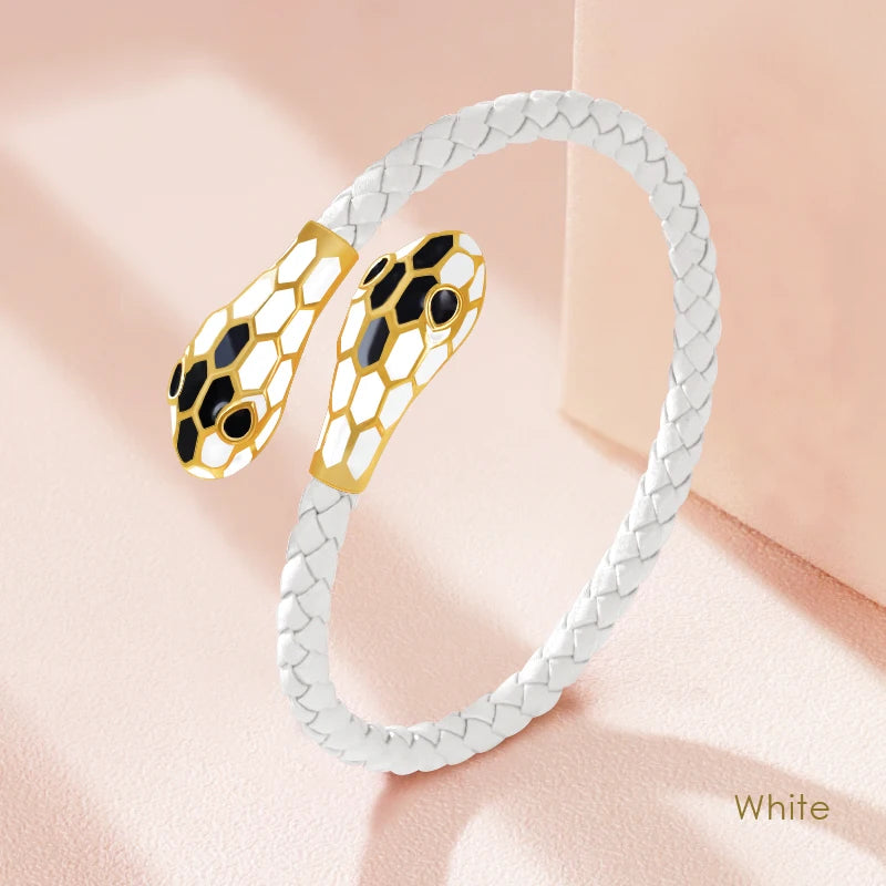 Double Snake Head Cuff Bangles Braided Leather