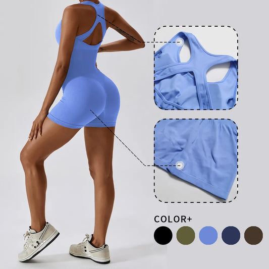 WISRUNING Hollow Out Back Yoga Jumpsuit Seamless Fitness Suit Ribbed Bicycles Sports Bodysuit Women Gym Workout Push Up Tights LUXLIFE BRANDS