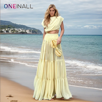 ONEINALL Solid Elegant Two Piece Set For Women O Neck Sleeveless Short T Shirt High Waist Reched Long Dress Summer Suit Female