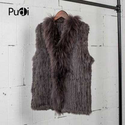 VT7008 Womens Natural Real Rabbit Fur Vest With Raccoon Fur Collar Waistcoat/jackets Rabbit Knitted Winter