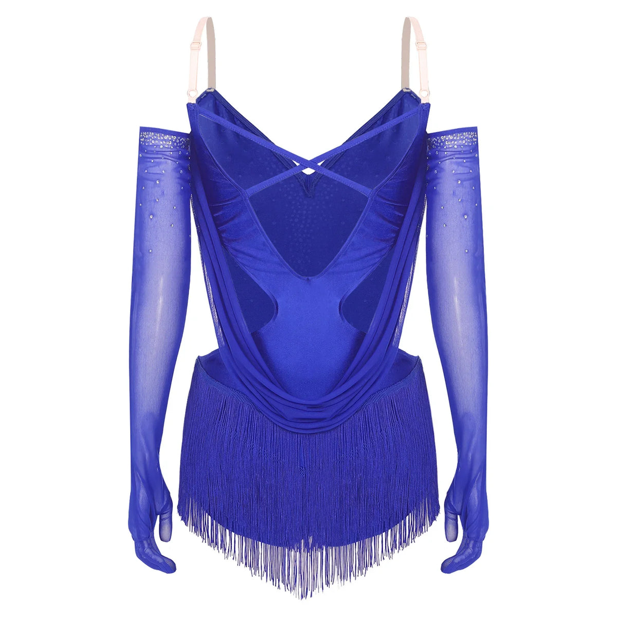 Sparkly Rhinestone & Tassel Fringe Dance Leotard with Gloves Two-Piece Stage Costume