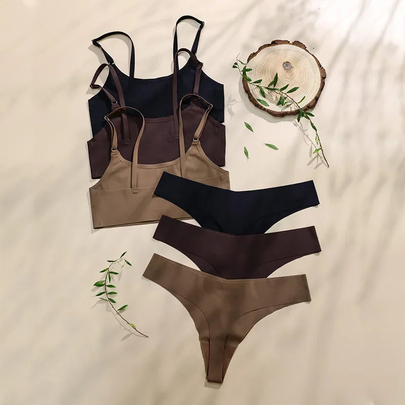 Hot Sale High Quality Latest Design Us Size Stylish Solid Ice Silk Seamless Wireless Bras And Women Underwear Set Luxlife Brands