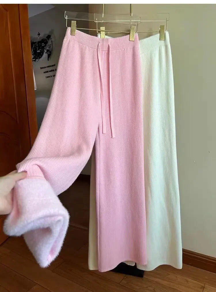 2023 Slim Simple Knit Wide-leg Pants Women's Autumn and Winter High-waisted Moped Pants Thick Casual Pants Straight Luxlife Brands
