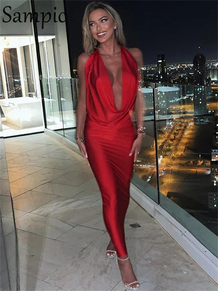 Sampic New Fashion Summer Women Clothes 2022 Red Long Wrap Halter Satin Dress Sexy Deep V Neck Party Night Club Backless Dress LUXLIFE BRANDS