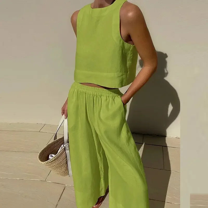 Summer Loose O-Neck Top Wide Leg Pants Two Piece New Elegant Pullover Pants Summer Suit Women Harajuku Style Cotton Linen Suit