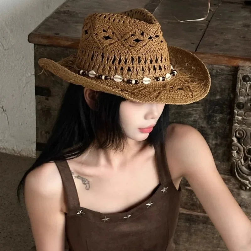 Summer with Shell Beach Hat Women Western Cowboy Hat Wide Brim Sunscreen Sun Hats for Outdoor Breathable Hand-Woven Straw Panama