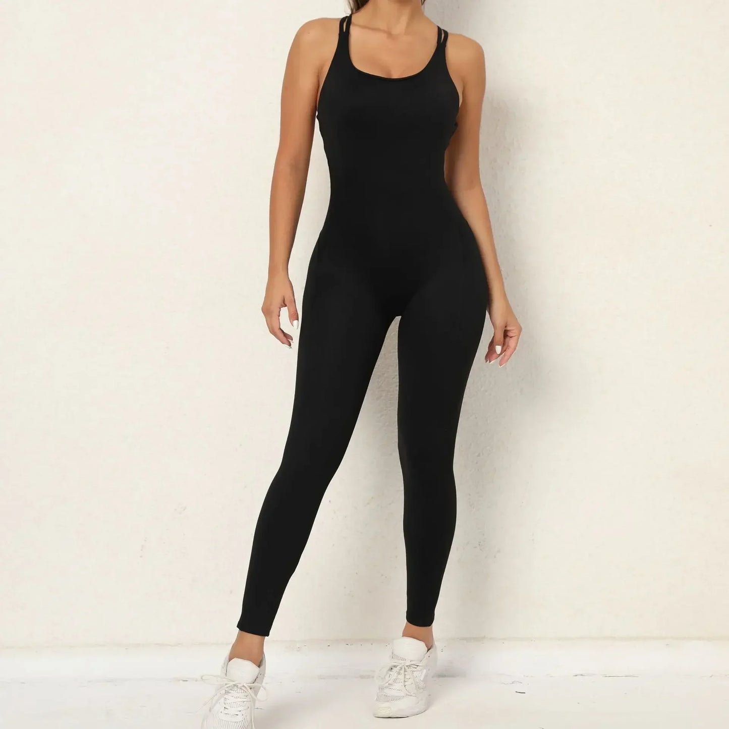 Sexy Backless Bodycon Scrunch Jumpsuit Raises Butt Women Dance Fitness Overalls Push Up Sleeveless Yoga Sport Jump Suit Black