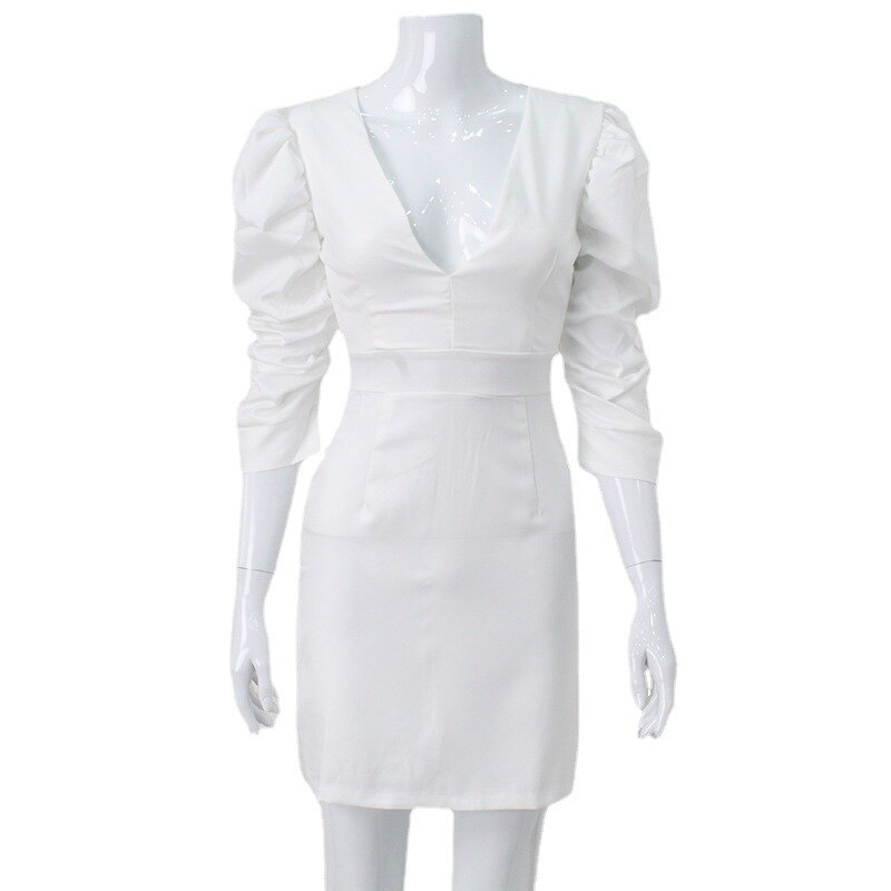 Women'S Pure White Puff Sleeves Deep V Corset Backless Temperament Elegant Fashion Dress Temperament Sexy Style