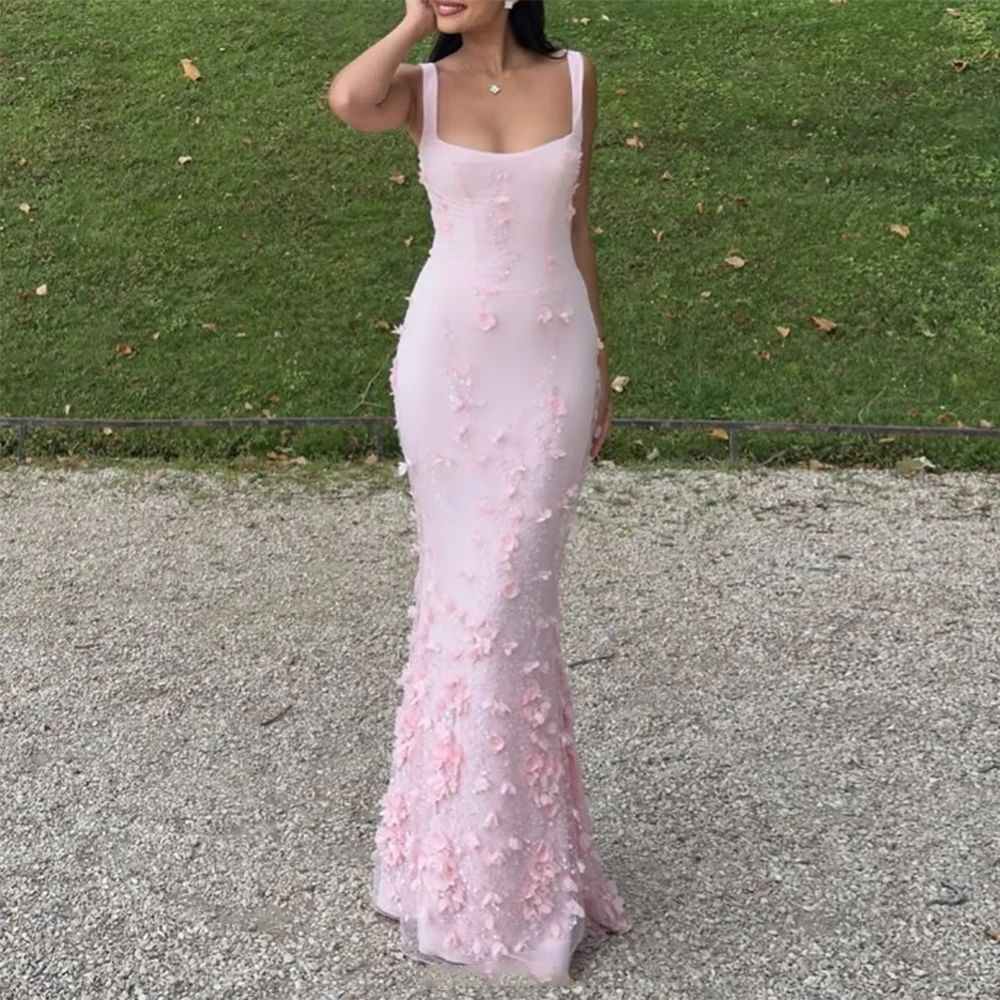 Customized square collar mermaid Evening Dresses spaghetti strap Party Dress 3D Flowers Sequined Lace Appliques Long Prom Gown Luxlife Brands