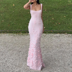 Customized square collar mermaid Evening Dresses spaghetti strap Party Dress 3D Flowers Sequined Lace Appliques Long Prom Gown Luxlife Brands